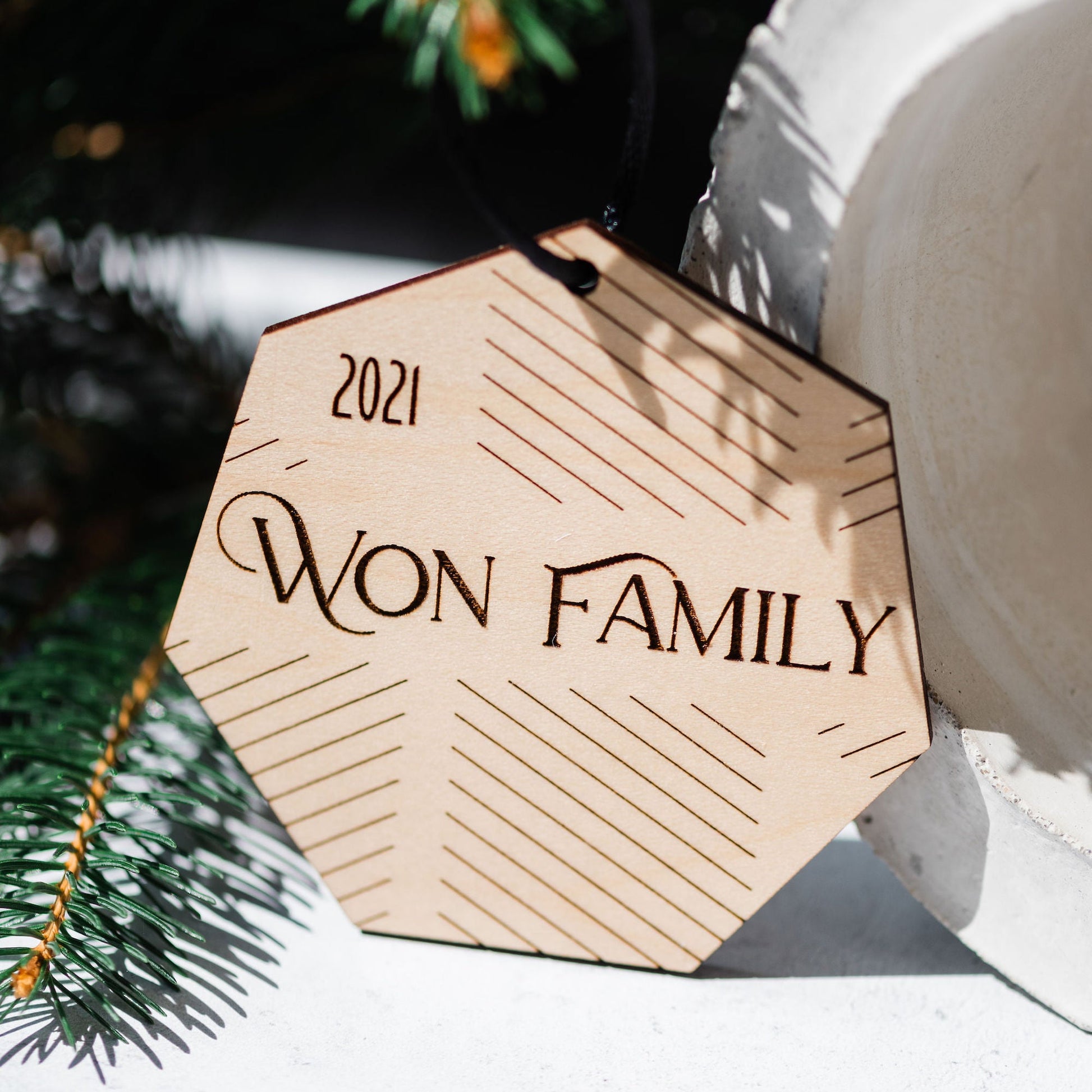 Custom Wood Ornaments: Heptagon Lines - Laser Cut and Laser Engraved Maple Wood by LeeMo Designs in Bend, Oregon