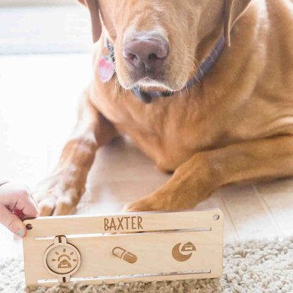 Feed The Dog Pet Care Tracker - laser cut and laser engraved birch wood - by LeeMo Designs in Bend, Oregon