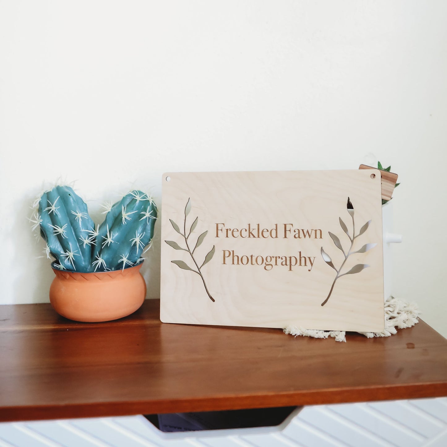 Custom sign for business - Freckled Fawn Photography birch plywood - laser cut by LeeMo Designs in Bend Oregon