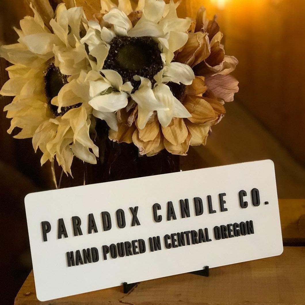 Custom sign for business - Paradox Candle Co. black 3d lettering on white background - laser cut by LeeMo Designs in Bend Oregon