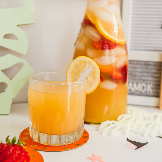 Stir Sticks - Personalized Text - white cheers in orange juice - laser cut by LeeMo Designs in Bend, Oregon