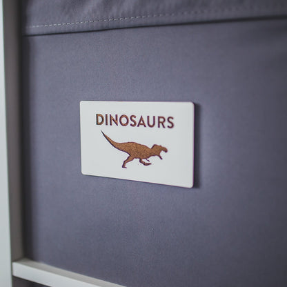 customizable toy bin labels - white MDF - dinosaurs - by LeeMo Designs in Bend Oregon