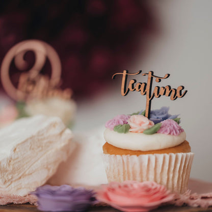 Personalized Text Wooden Cupcake Toppers - cherry wood teatime - Laser Cut by LeeMo Designs