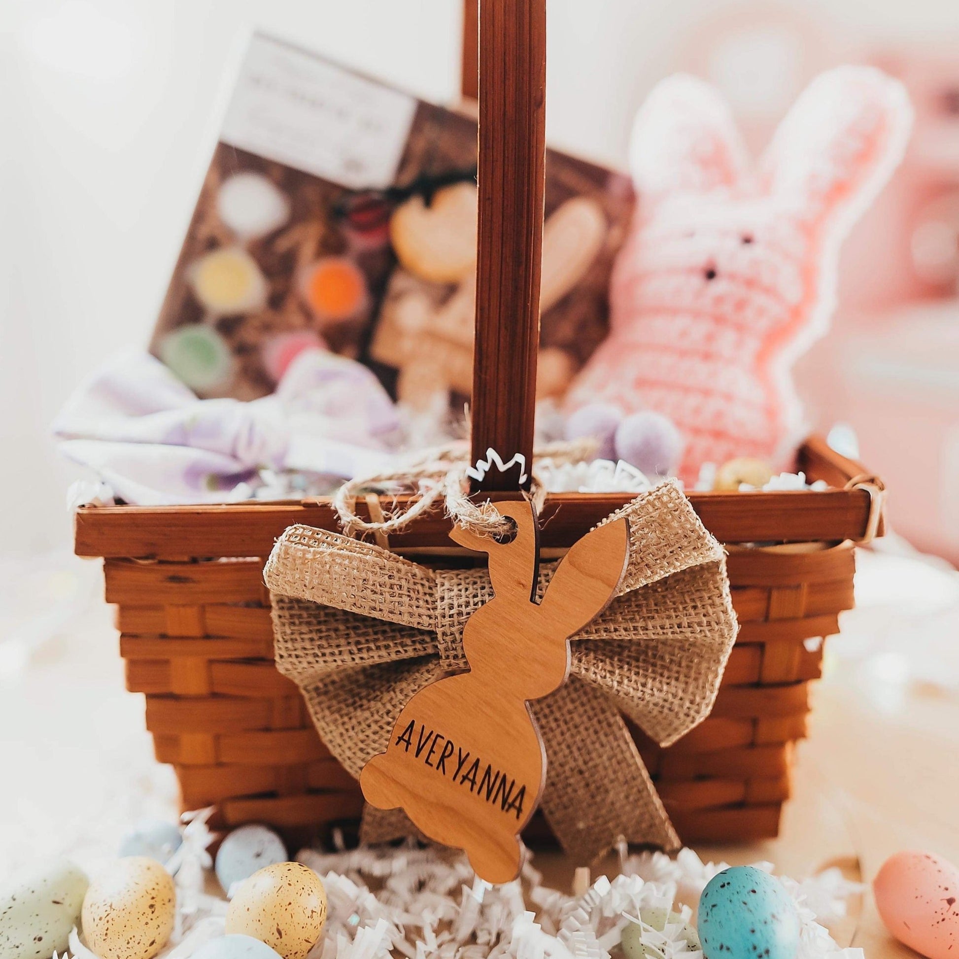 Easter Bunny Basket Tags - Laser Cut and Laser Engraved Cherry wood by LeeMo Designs in Bend, Oregon