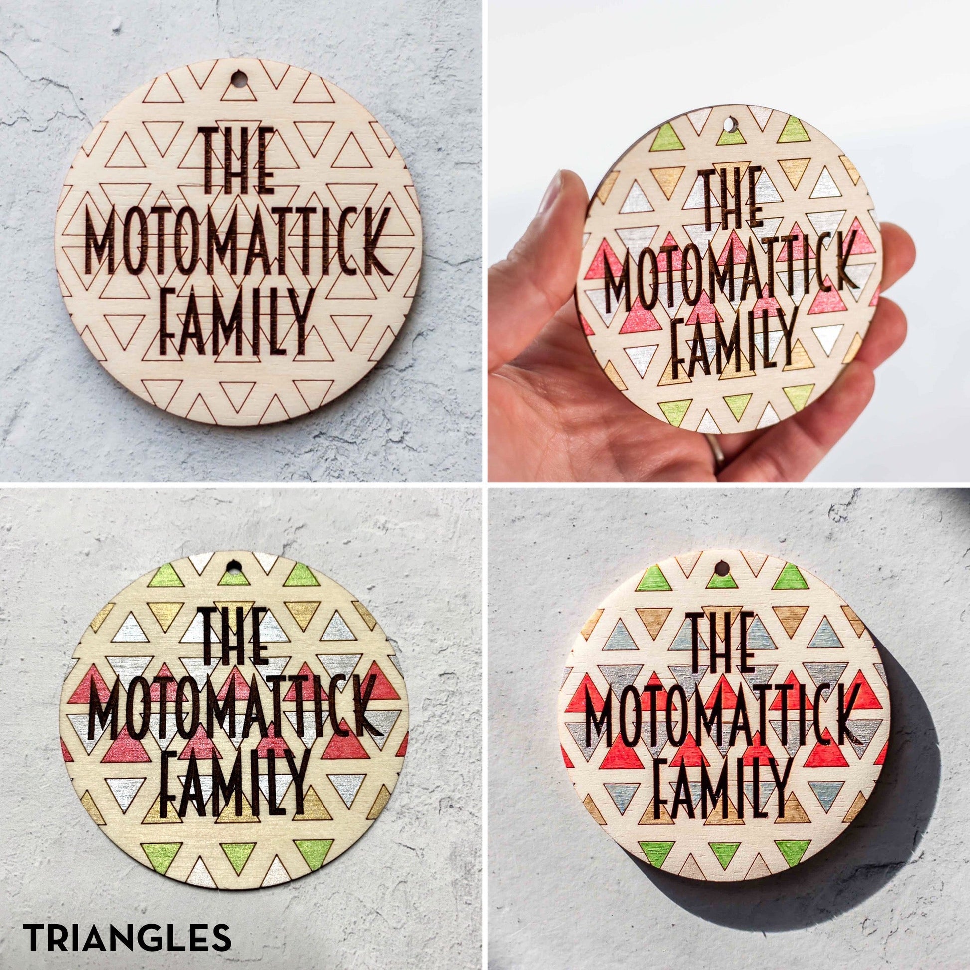 Custom Wood Ornaments: Triangle Design by LeeMo Designs