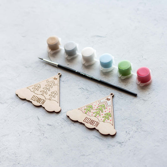 Wooden Ornament Paint Kits: Mountains Engraved and Laser Cut in Birch Plywood with 6 primary paint colors included by LeeMo Designs in Bend, Oregon