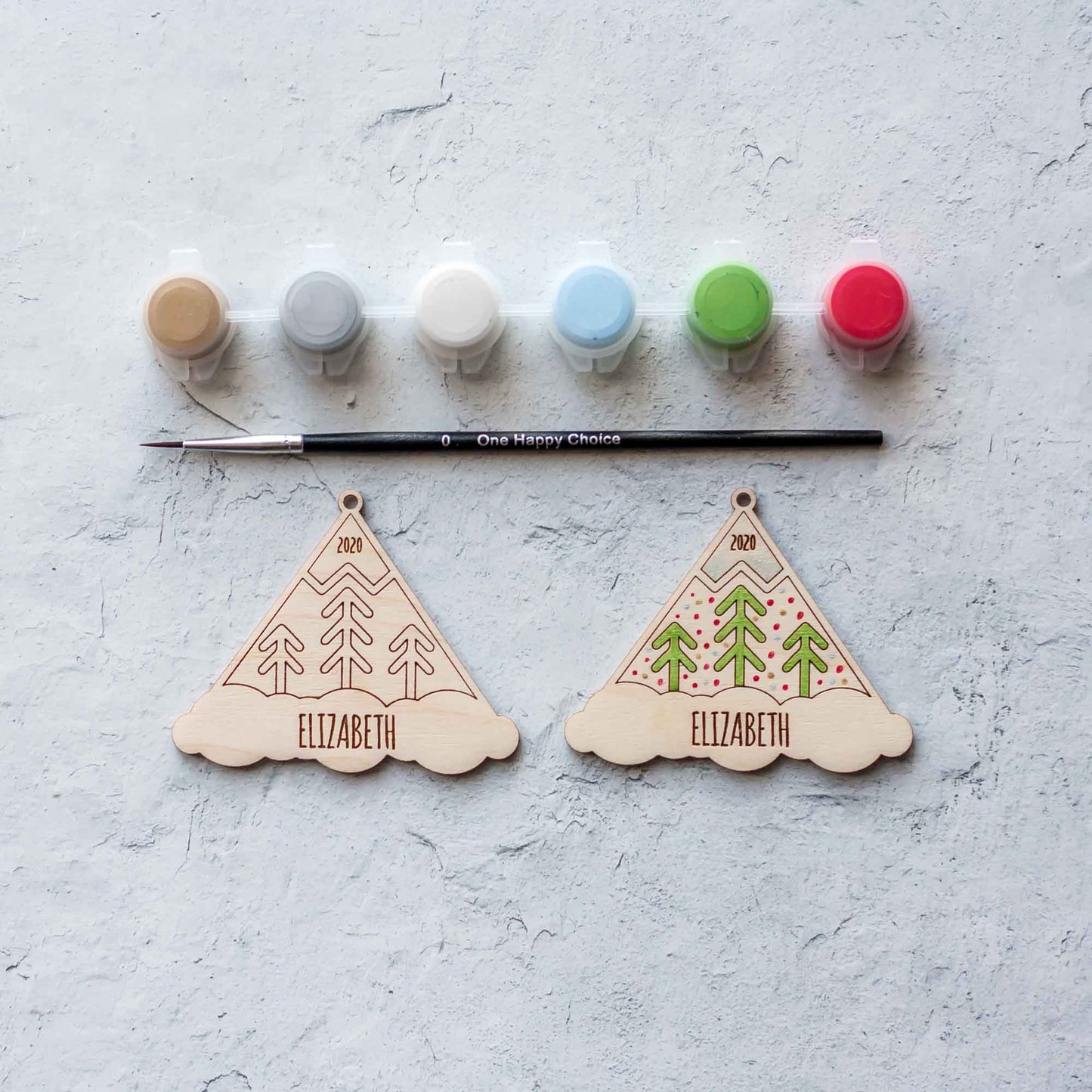 Wooden Ornament Paint Kits: Mountains Engraved and Laser Cut in Birch Plywood with 6 primary paint colors included by LeeMo Designs in Bend, Oregon