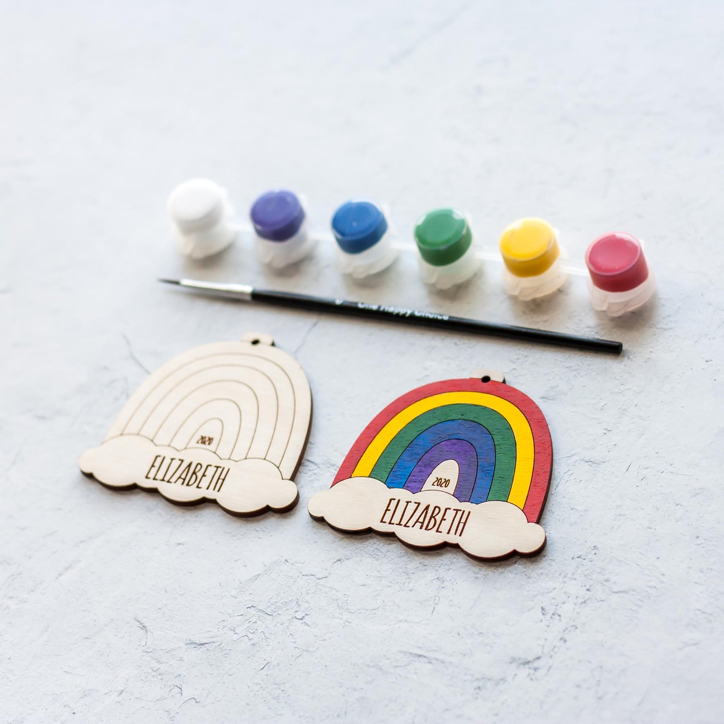 Wooden Ornament Paint Kits: Rainbows Engraved and Laser Cut in Birch Plywood with 6 primary paint colors included by LeeMo Designs in Bend, Oregon