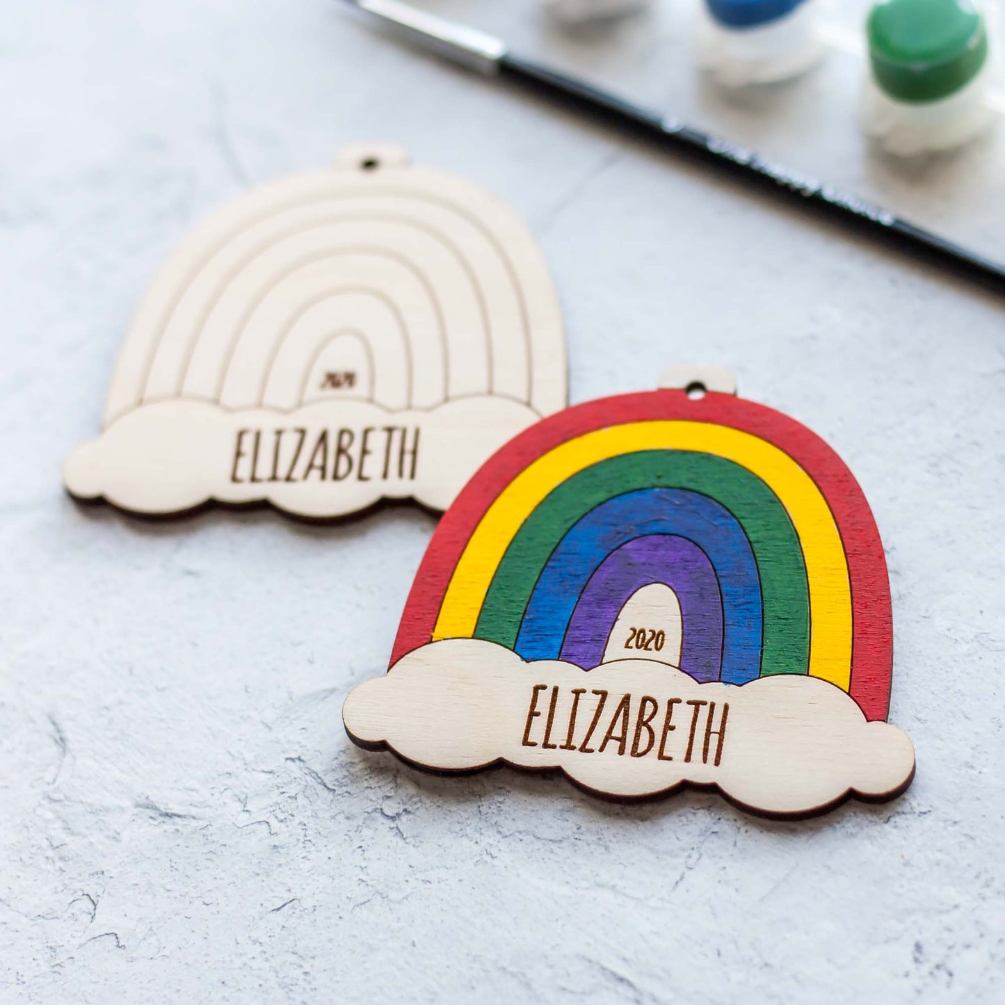Wooden Ornament Paint Kits: Rainbows Engraved and Laser Cut in Birch Plywood with 6 primary paint colors included by LeeMo Designs in Bend, Oregon