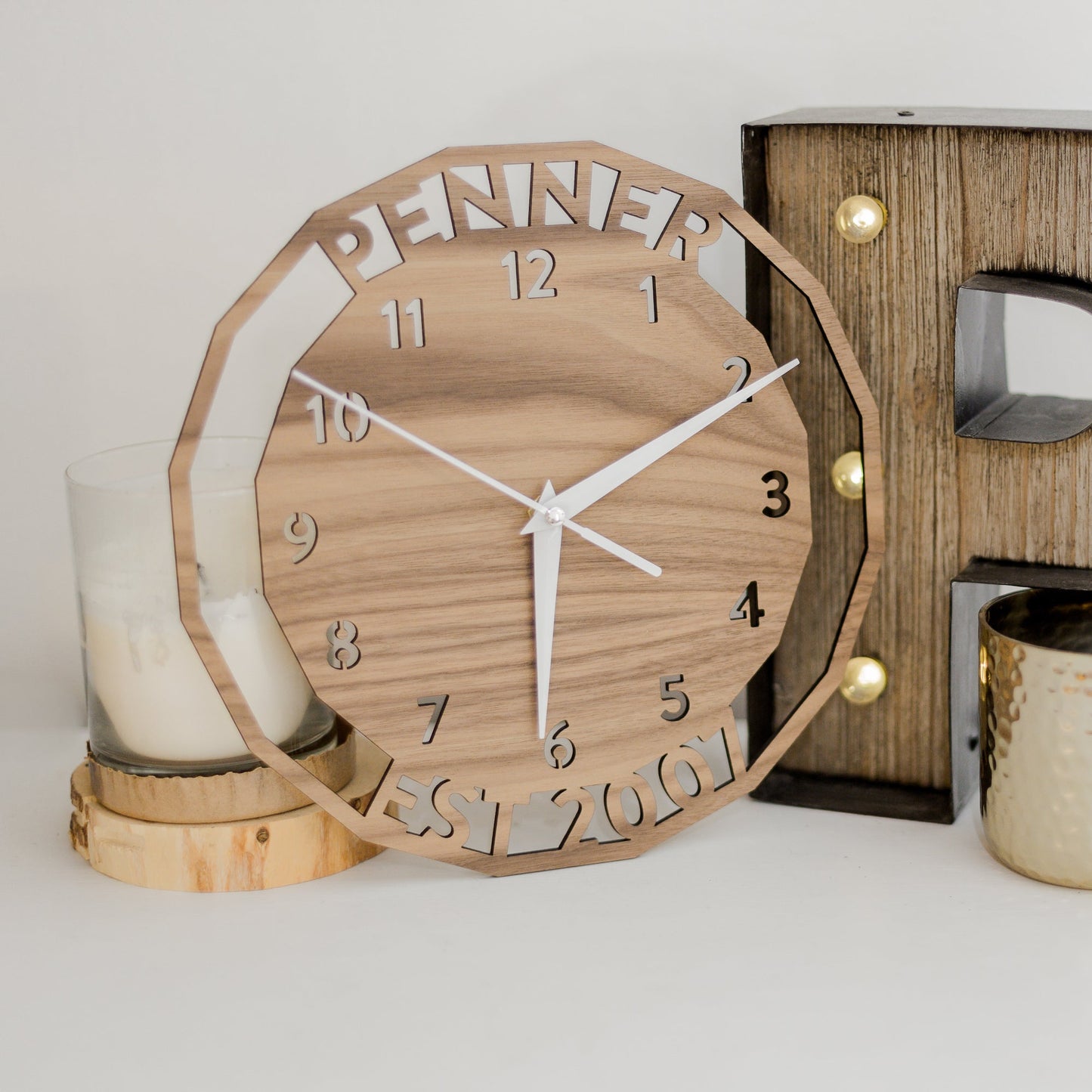 Personalized Wood Wall Clock - personalized clock for anniversary in walnut wood - by LeeMo Designs in Bend, Oregon