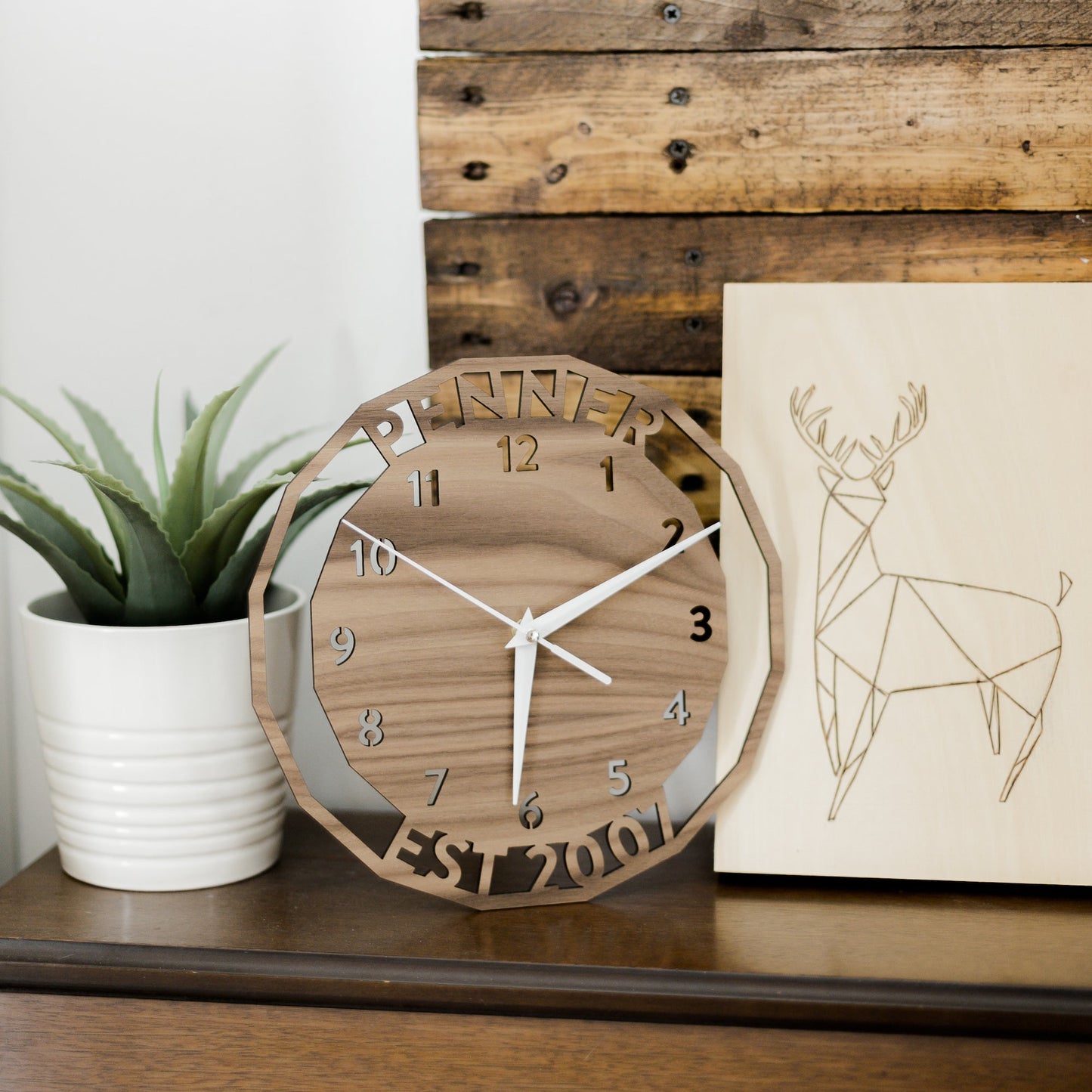 Personalized Wood Wall Clock - personalized clock for anniversary in walnut wood - by LeeMo Designs in Bend, Oregon