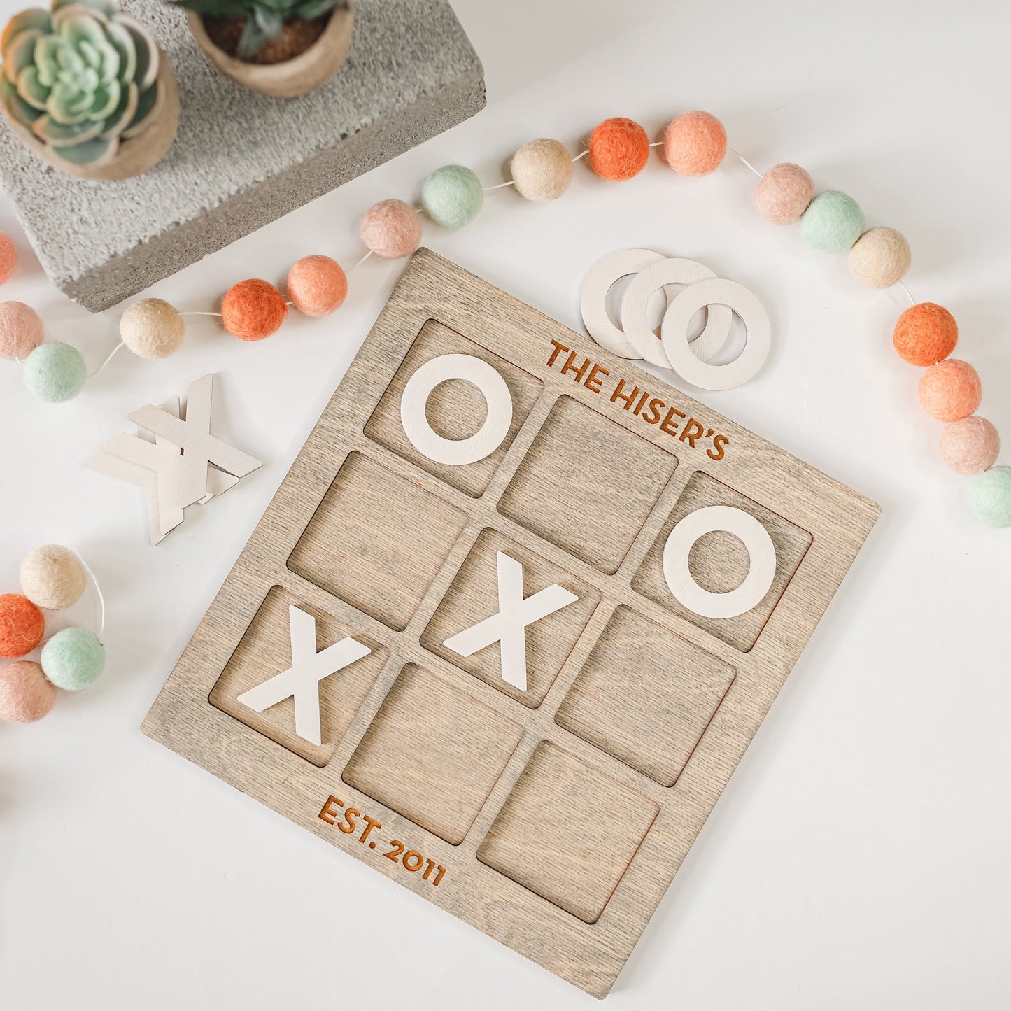 Custom Tic Tac Toe Board Game - Gray Stained Birch Plywood with White XO Game Pieces - by LeeMo Designs in Bend, Oregon