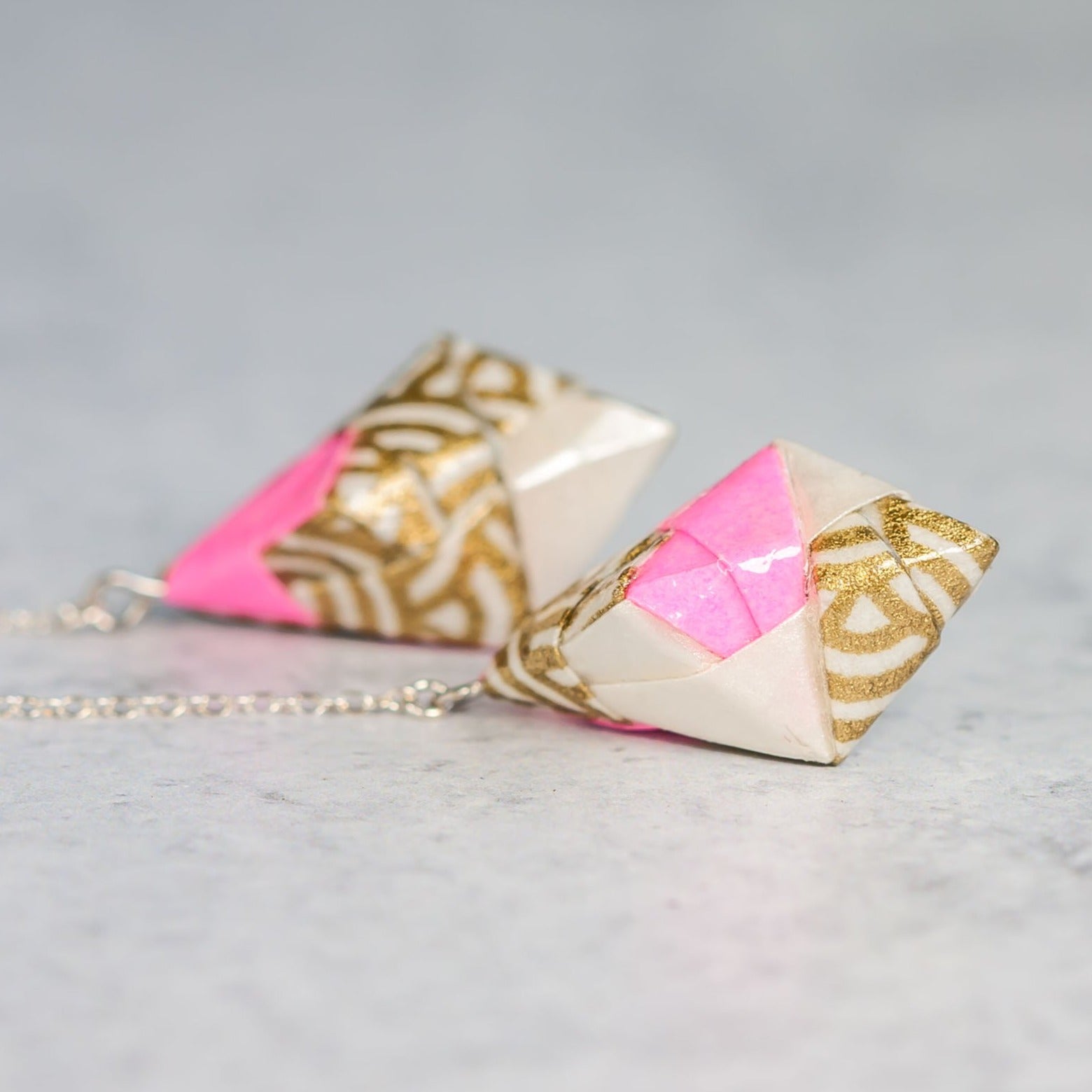 Origami Diamond Paper Earrings - Pink Gold White - By LeeMo Designs in Bend, Oregon