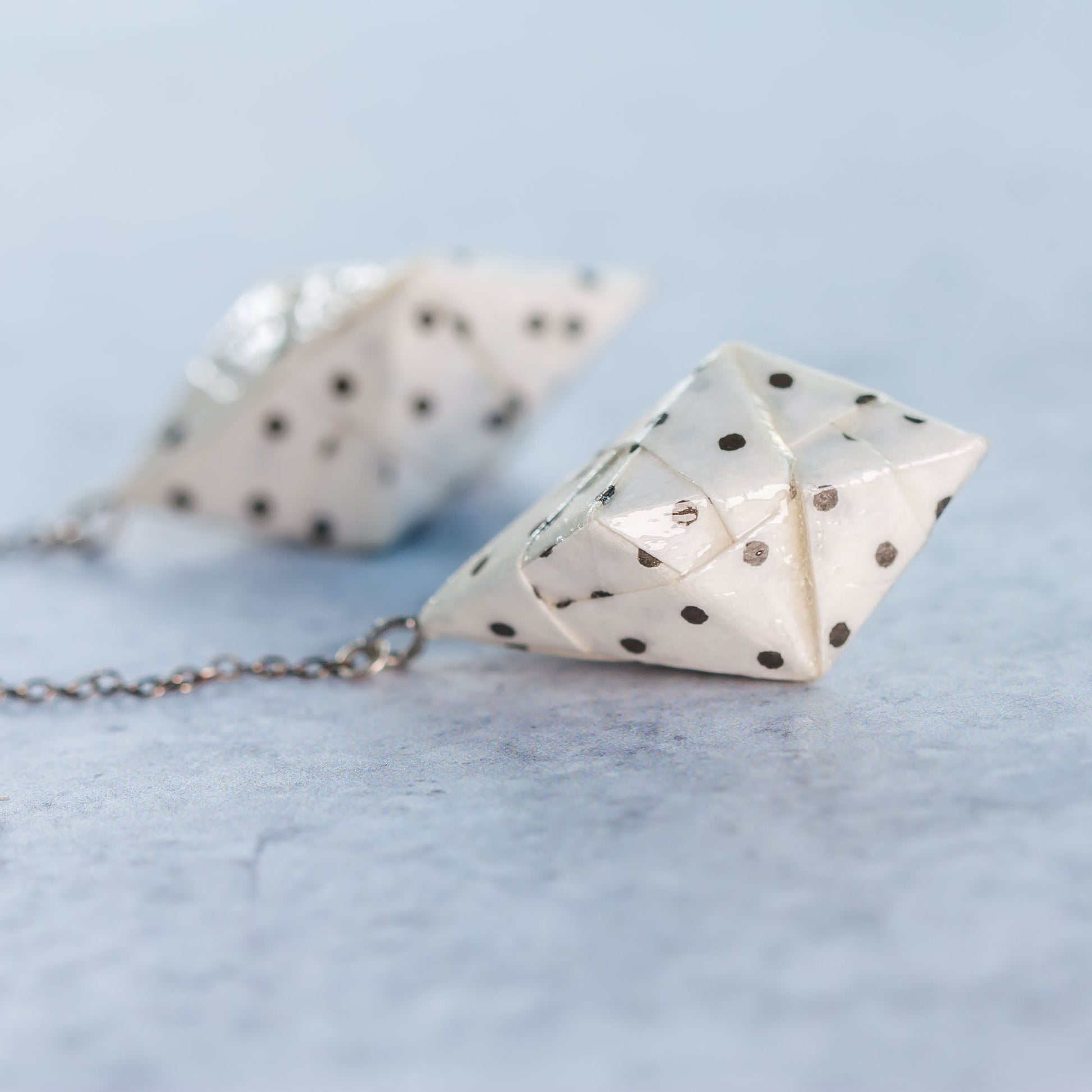 Origami Diamond Paper Earrings - White Polka Dot Design - By LeeMo Designs in Bend, Oregon