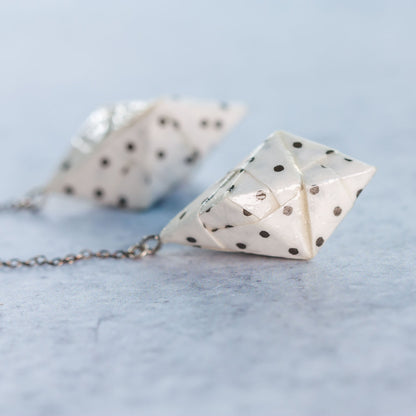 Origami Diamond Paper Earrings - White Polka Dot Design - By LeeMo Designs in Bend, Oregon
