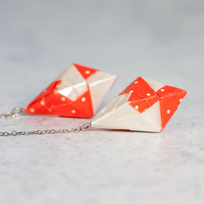 Origami Diamond Paper Earrings - Red Polka Dot White - By LeeMo Designs in Bend, Oregon