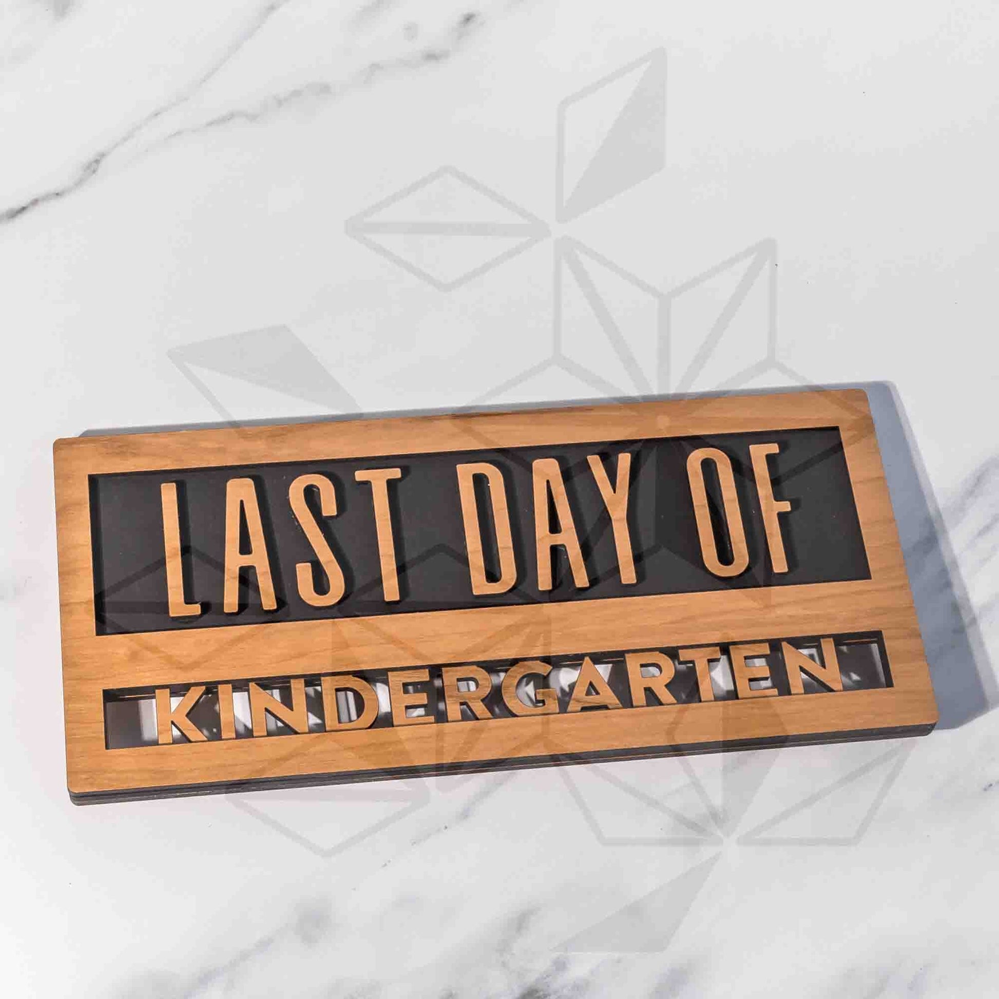 Reusable & Reversible Back To School Sign - Last Day Of Kindergarten in Cherry Wood - by LeeMo Designs in Bend Oregon