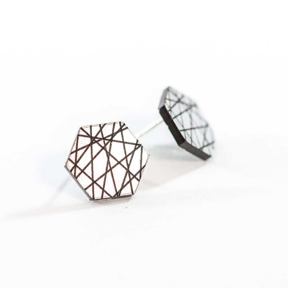 Laser Cut Geometric Earrings - Silver Acrylic Sen Hexagon - by LeeMo Designs in Bend, Oregon
