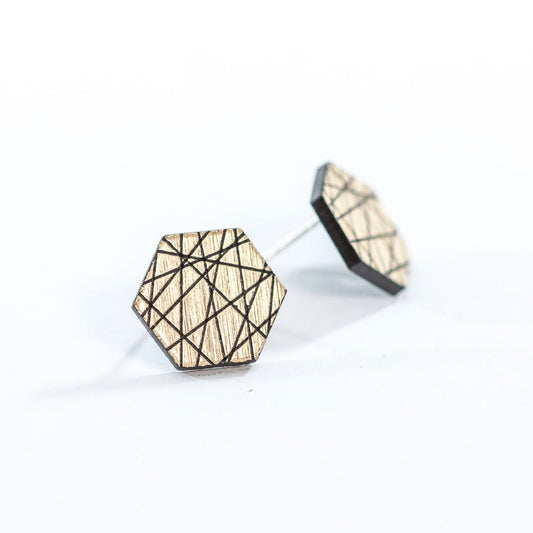 Laser Cut Geometric Earrings - Gold Acrylic Sen Hexagon - by LeeMo Designs in Bend, Oregon