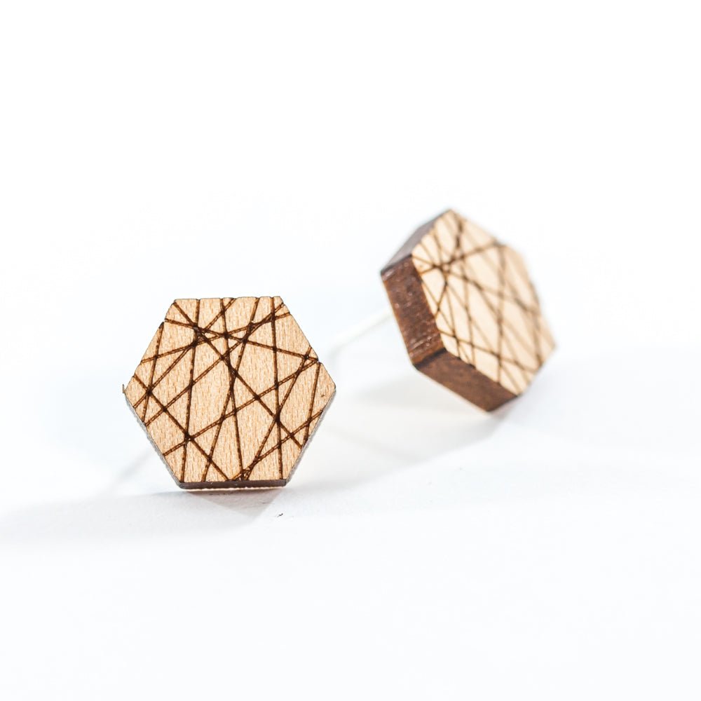Wooden Laser Cut Earrings - Maple Wood Sen Hexagon - by LeeMo Designs in Bend, Oregon