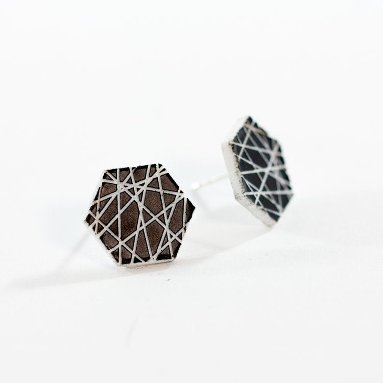 Laser Cut Geometric Earrings - Black Acrylic Sen Hexagon - by LeeMo Designs in Bend, Oregon