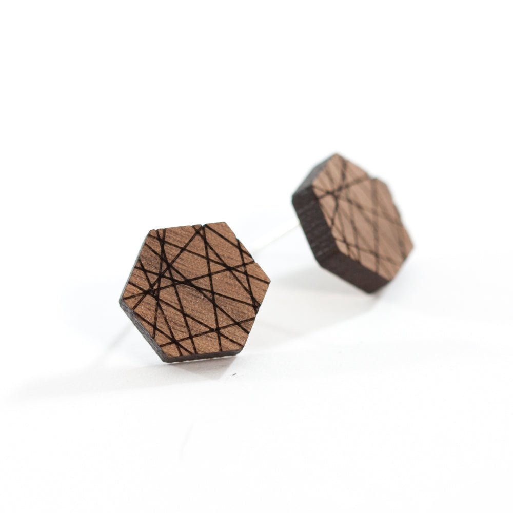 Wooden Laser Cut Earrings - Walnut Wood Sen Hexagon - by LeeMo Designs in Bend, Oregon
