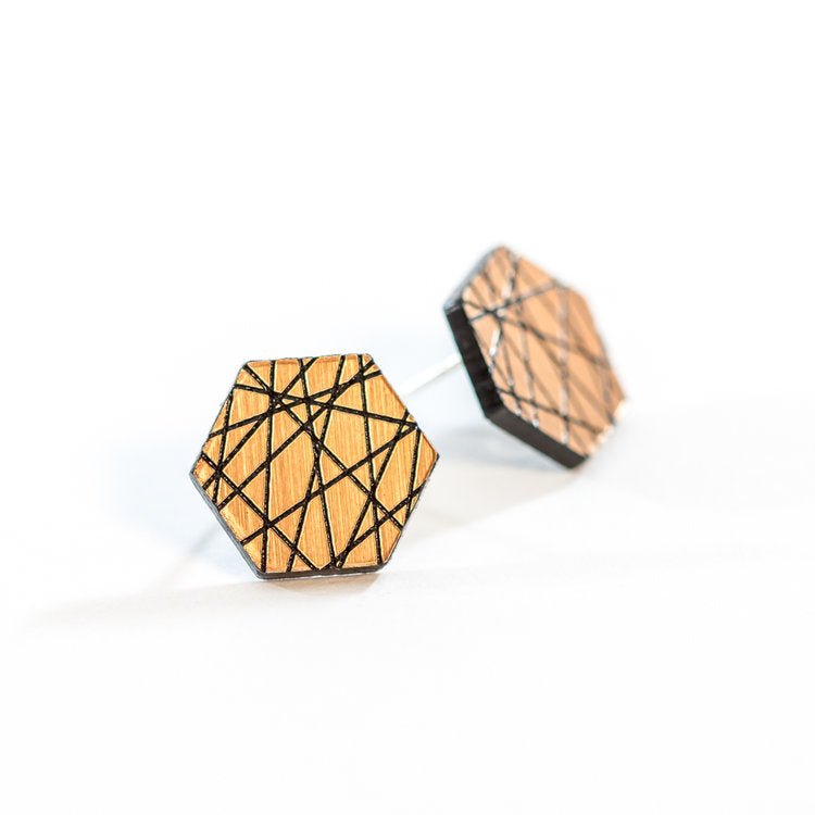 Laser Cut Geometric Earrings - Copper Acrylic Sen Hexagon - by LeeMo Designs in Bend, Oregon