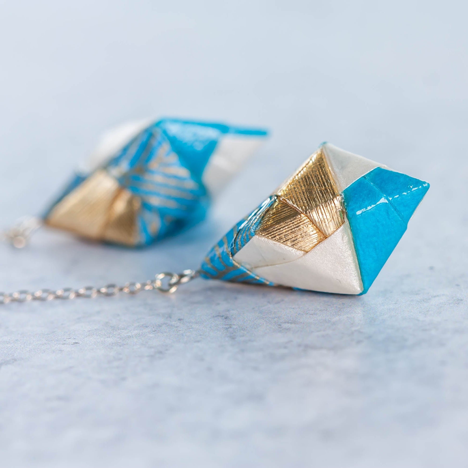 Origami Diamond Paper Earrings - Blue Gold White - By LeeMo Designs in Bend, Oregon