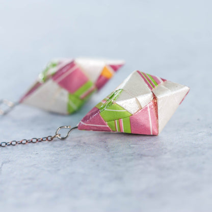 Origami Diamond Paper Earrings - Pink Green White - By LeeMo Designs in Bend, Oregon