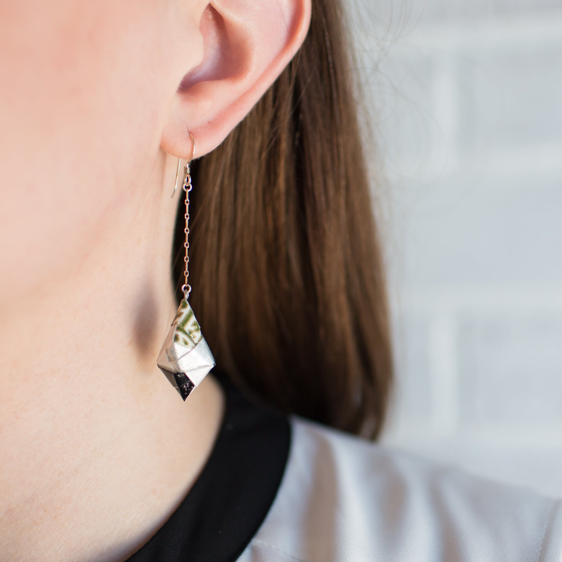 Origami Diamond Paper Earrings - Black Silver White Olive Green - By LeeMo Designs in Bend, Oregon