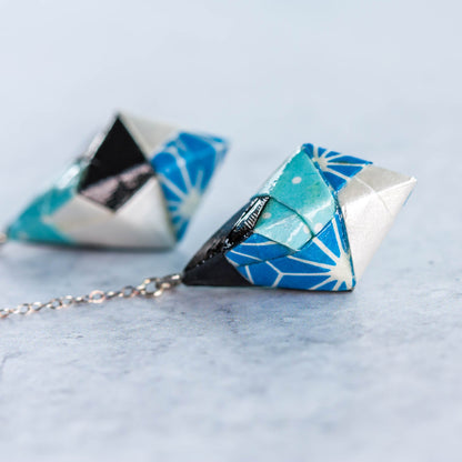 Origami Diamond Paper Earrings - Starburst Blue White - By LeeMo Designs in Bend, Oregon