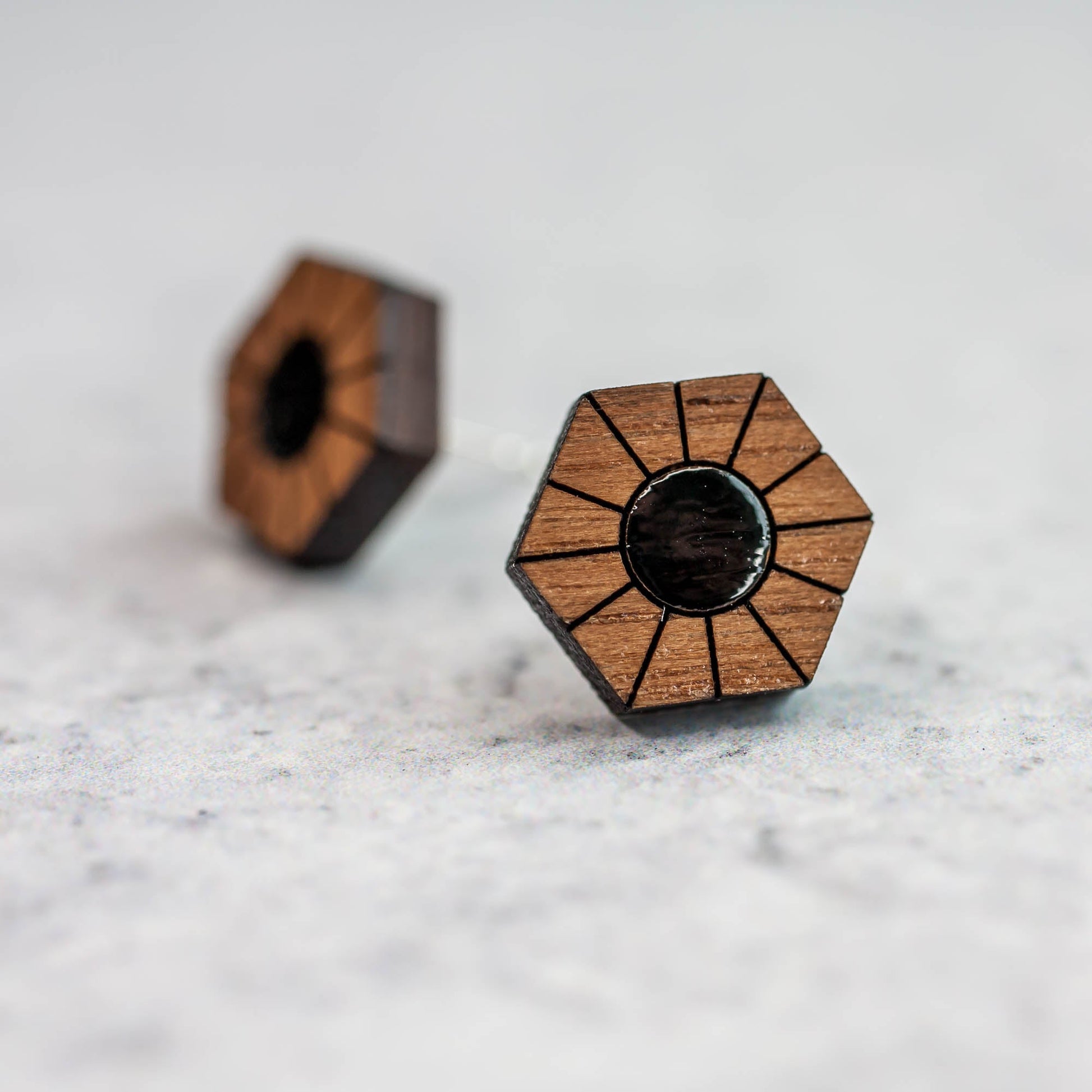 Wooden Laser Cut Earrings - Walnut with Black Sun Hexagon - by LeeMo Designs in Bend, Oregon