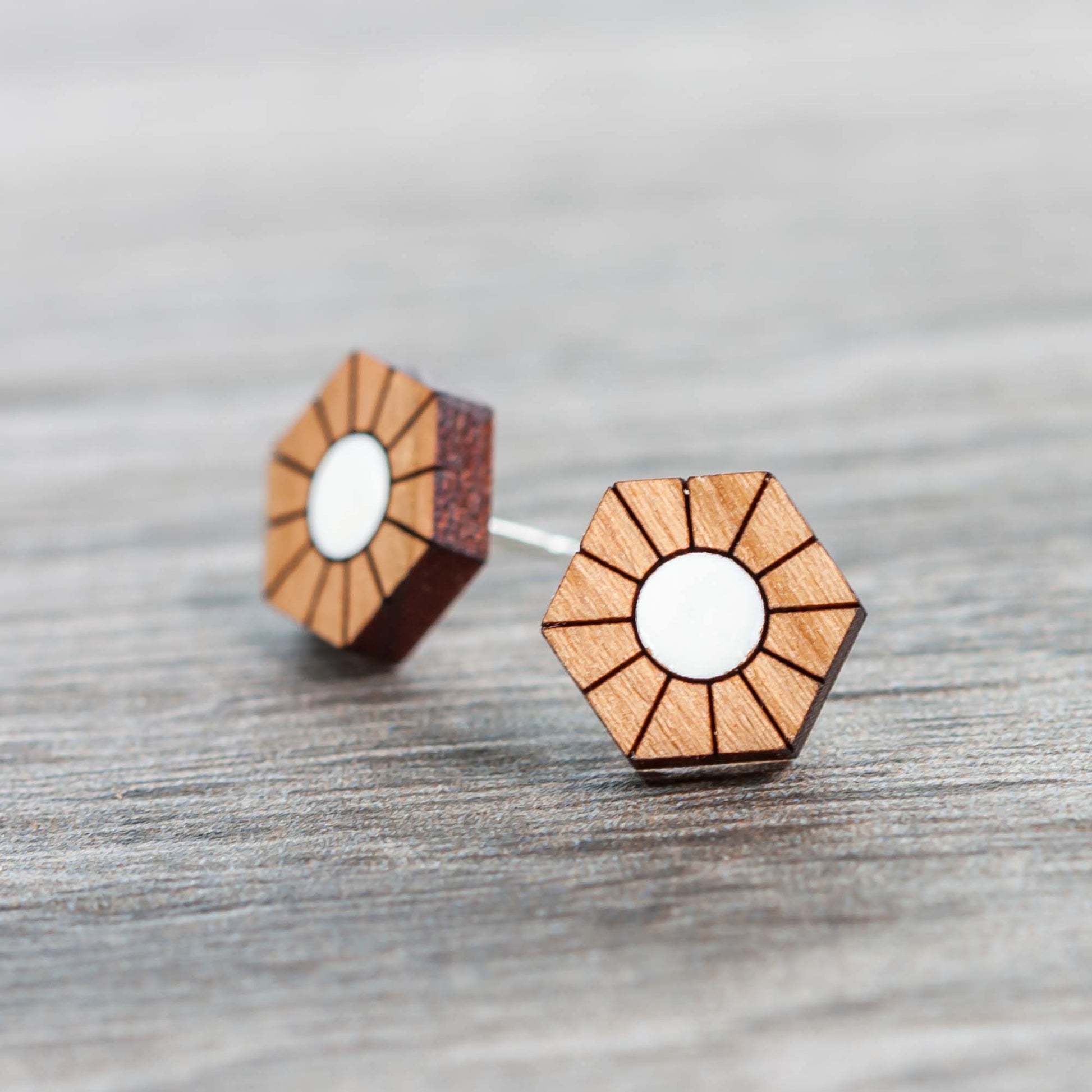 Wooden Laser Cut Earrings - Cherry with White Sun Hexagon - by LeeMo Designs in Bend, Oregon