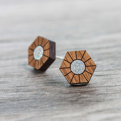 Wooden Laser Cut Earrings - Walnut with Silver Sun Hexagon - by LeeMo Designs in Bend, Oregon