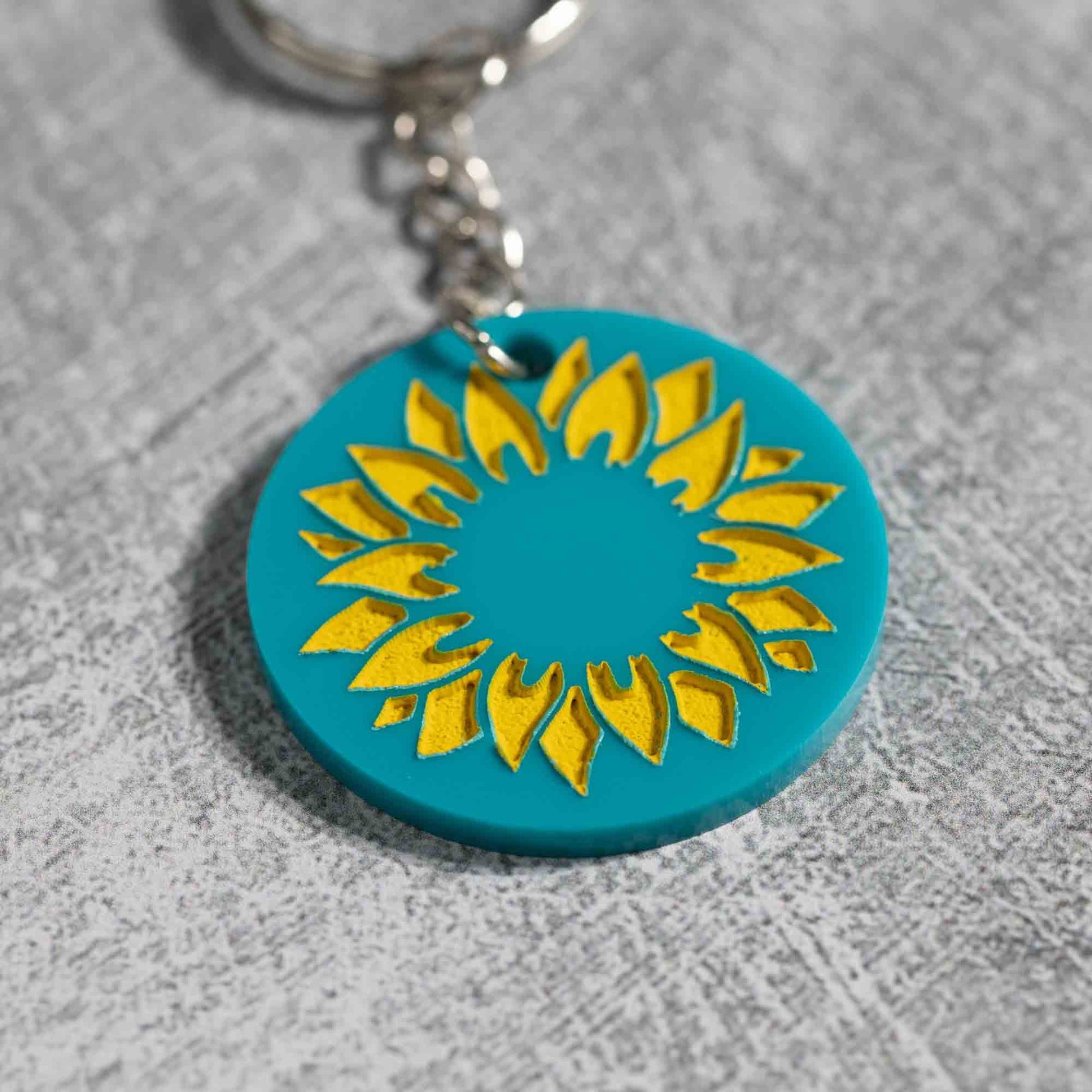 Acrylic Keychains - Turquoise with yellow sunflower - pray for ukraine - by LeeMo Designs in Bend, Oregon