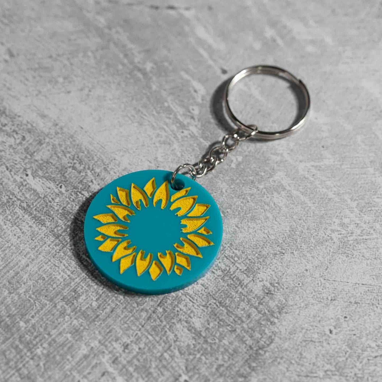 Acrylic Keychains - Turquoise with yellow sunflower - pray for ukraine - by LeeMo Designs in Bend, Oregon