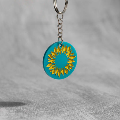 Acrylic Keychains - Turquoise with yellow sunflower - pray for ukraine - by LeeMo Designs in Bend, Oregon