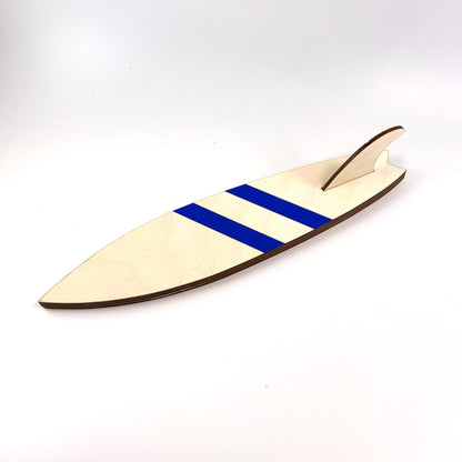 Surfboard Hooks - laser cut and laser engraved birch wood - blue diagonal stripes - by LeeMo Designs in Bend, Oregon