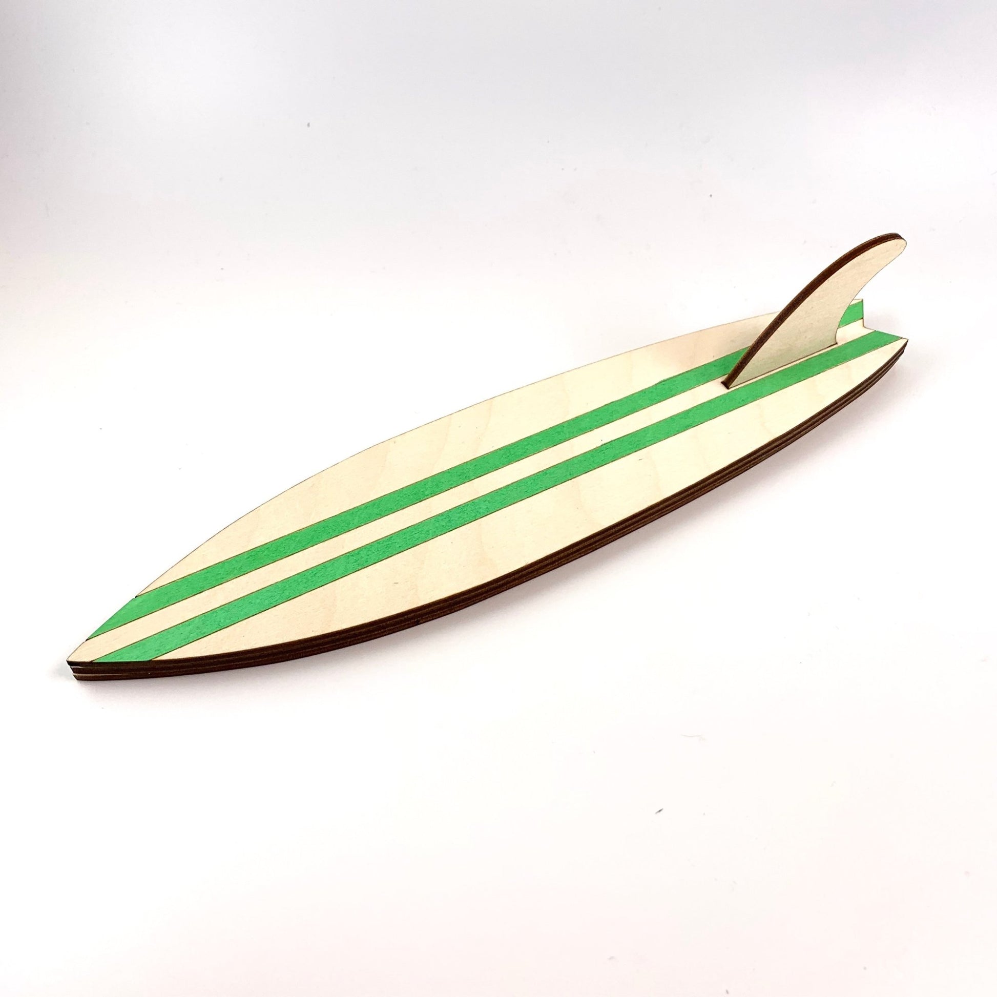 Surfboard Hooks - laser cut and laser engraved birch wood - light green vertical stripes - by LeeMo Designs in Bend, Oregon