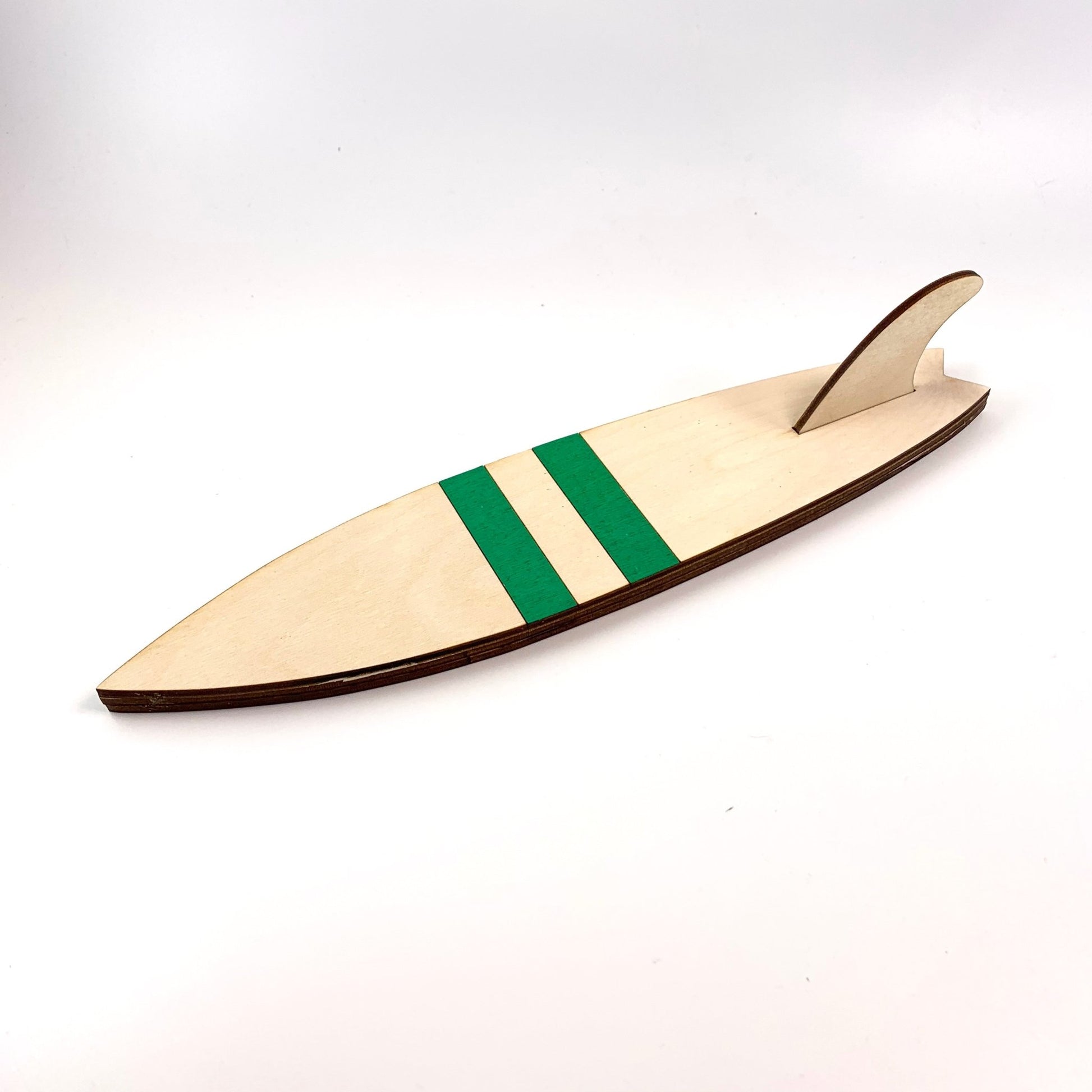 Surfboard Hooks - laser cut and laser engraved birch wood - green horizontal stripes - by LeeMo Designs in Bend, Oregon