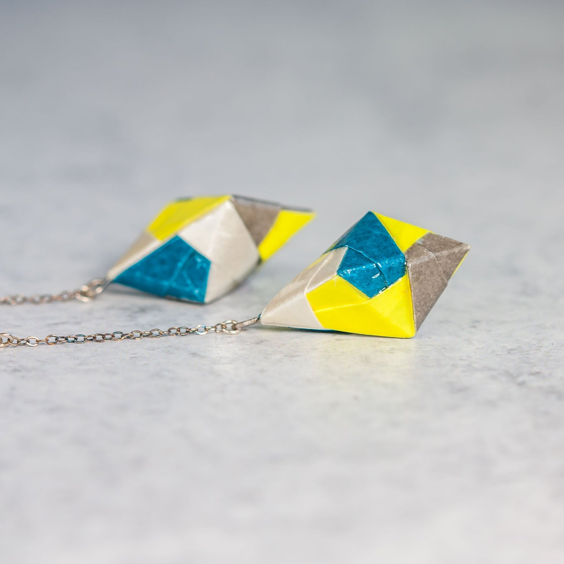 Origami Diamond Paper Earrings - Teal Yellow Gray White - By LeeMo Designs in Bend, Oregon