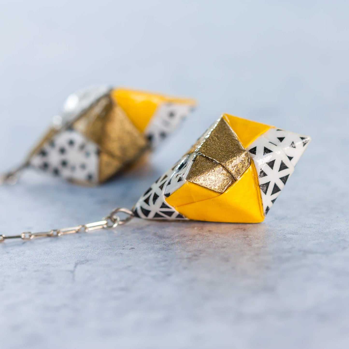 Origami Diamond Paper Earrings - Triangle Fade Gold Yellow - By LeeMo Designs in Bend, Oregon