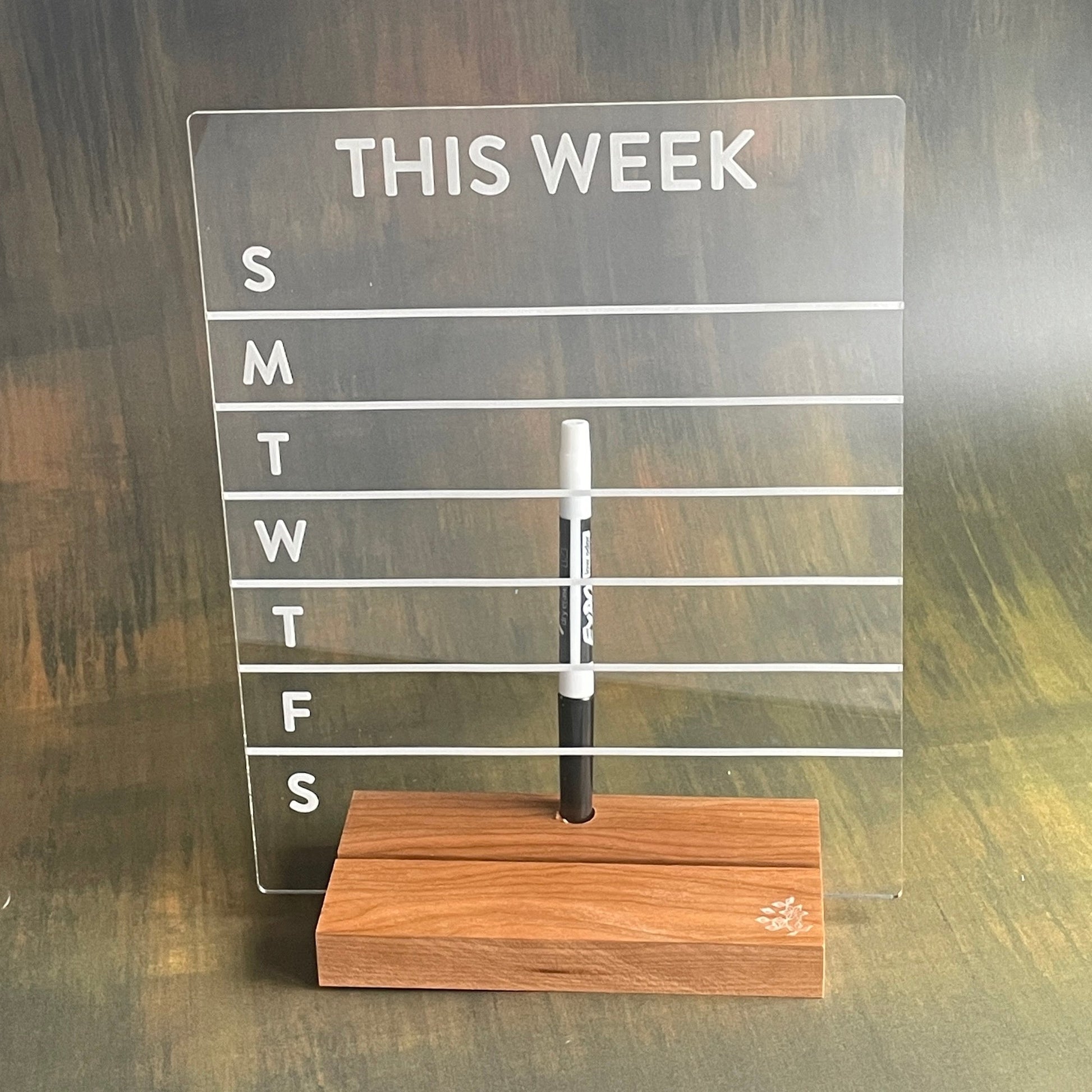 Dry-Erase Weekly Calendar - laser cut and laser engraved clear acrylic with solid wood base - by LeeMo Designs in Bend, Oregon