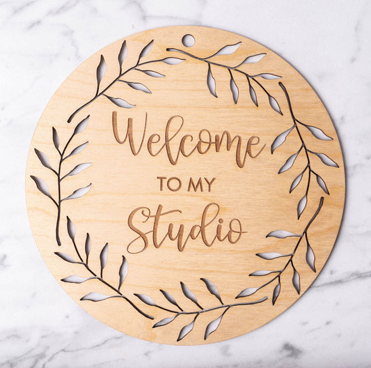 Welcome To My Studio birch plywood laser cut and laser engraved sign by LeeMo Designs in Bend Oregon