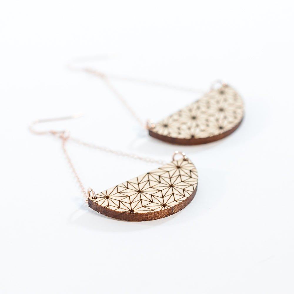 Wood Chandelier Earrings - wooden laser cut earrings - maple wood with rose gold findings - by LeeMo Designs in Bend, Oregon