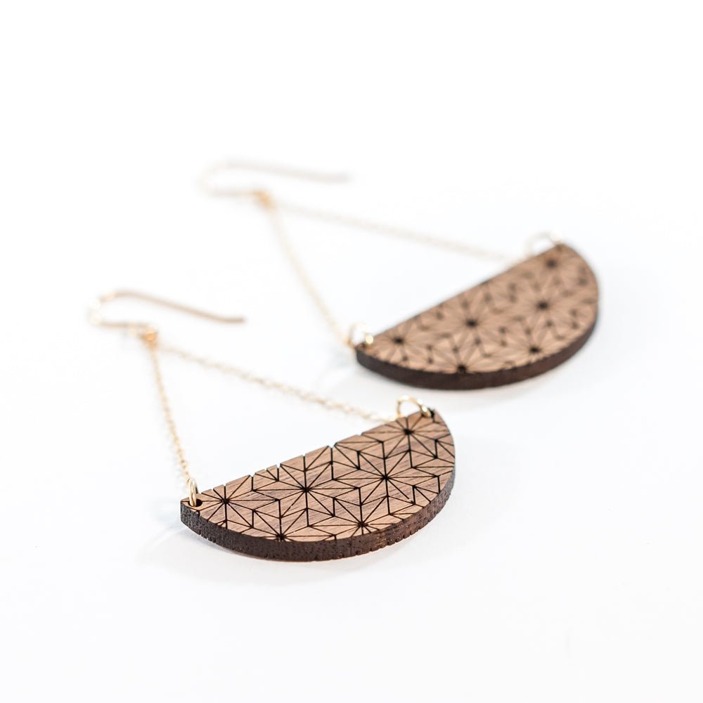 Wood Chandelier Earrings - wooden laser cut earrings - walnut wood with gold findings - by LeeMo Designs in Bend, Oregon