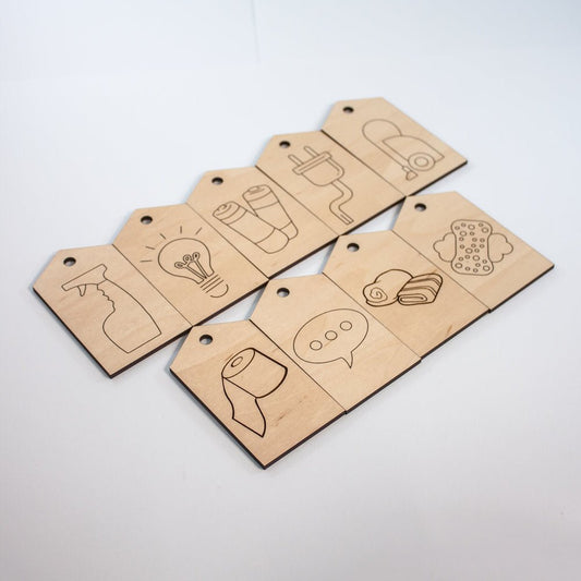 Laundry Room Organization Tags Set - laser cut and laser engraved maple wood - by LeeMo Designs in Bend, Oregon