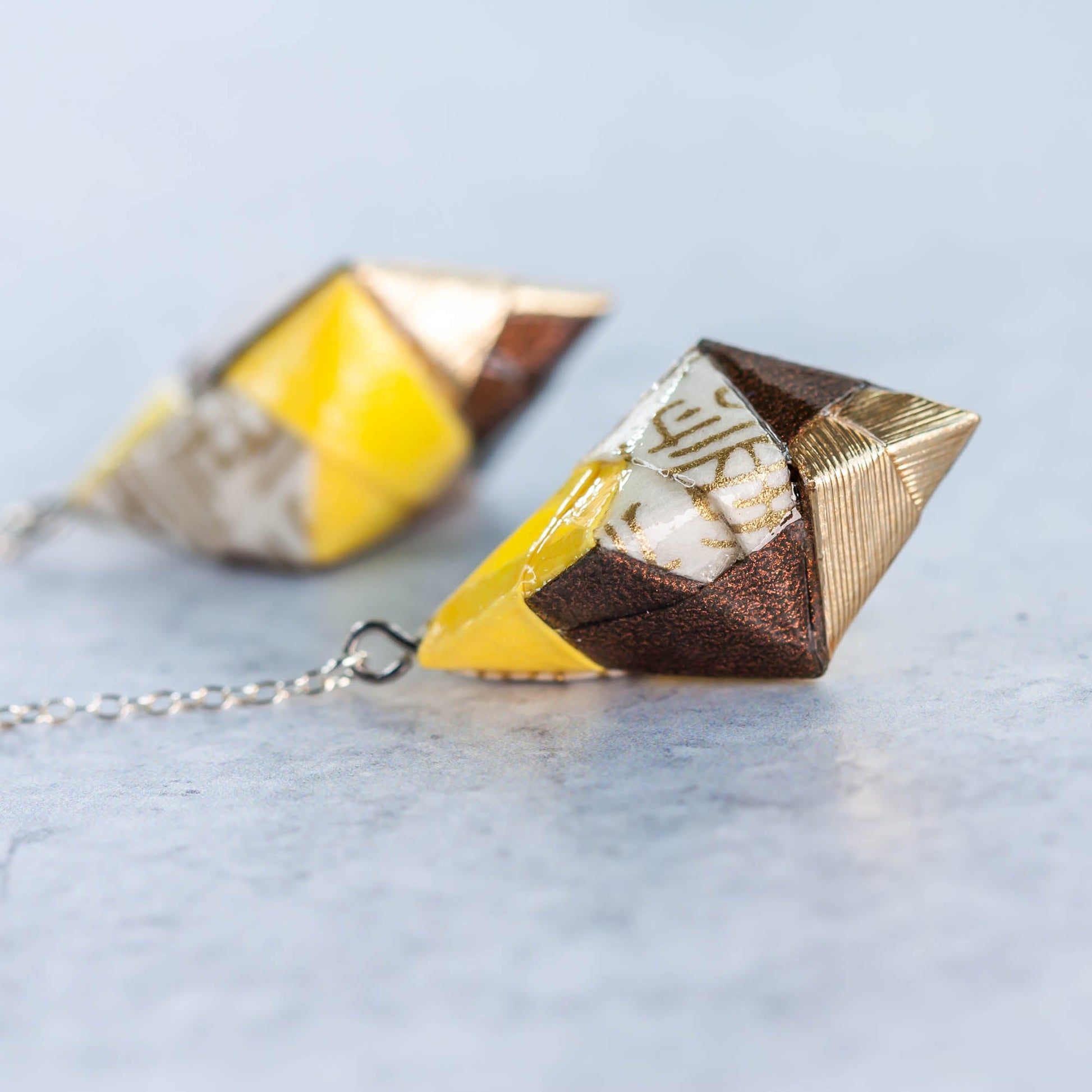 Origami Diamond Paper Earrings - Yellow & Gold - By LeeMo Designs in Bend, Oregon