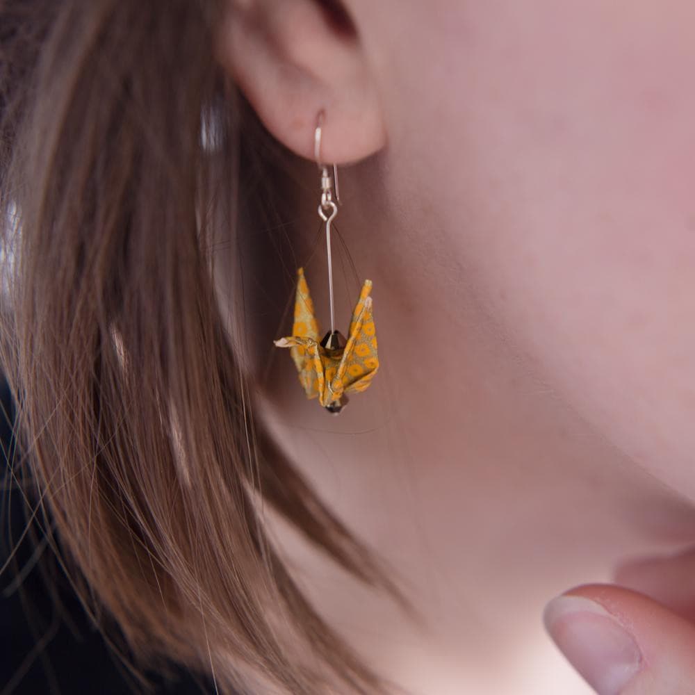 Paper Crane Earrings - Yellow - by LeeMo Designs in Bend, Oregon