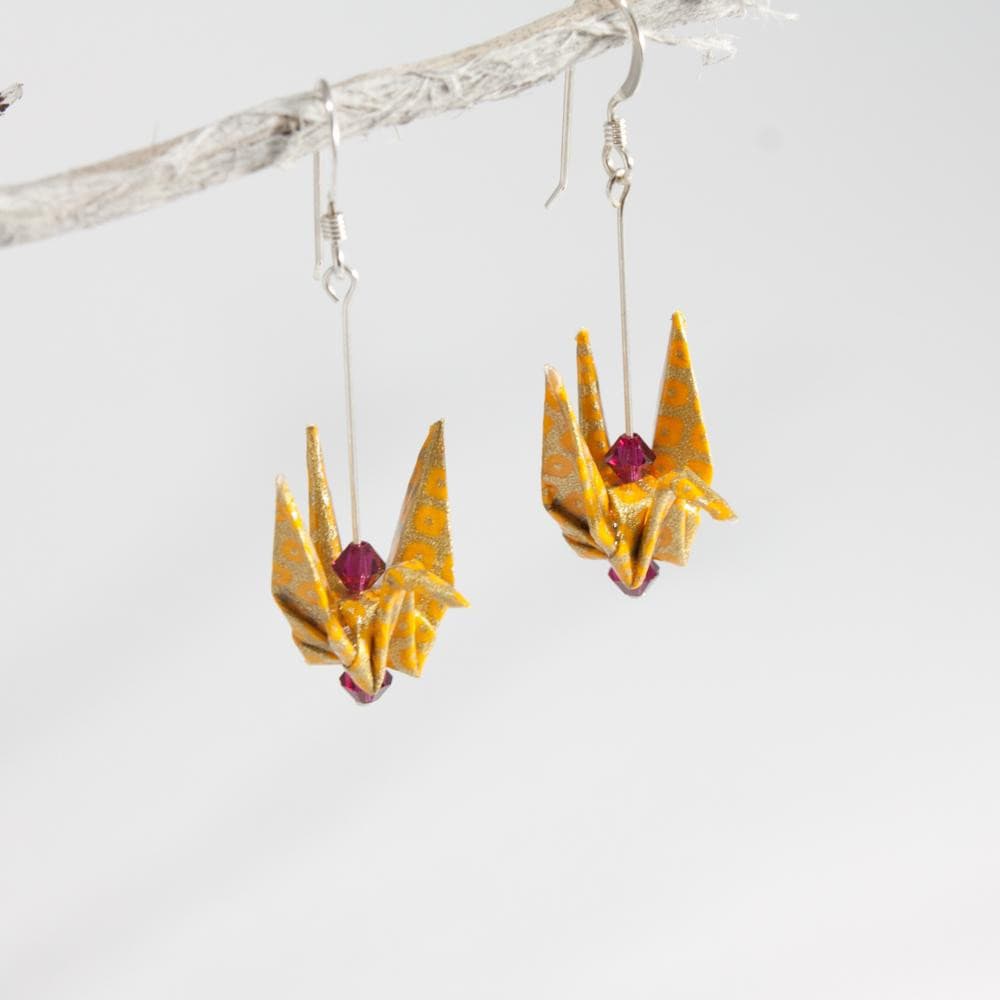 Paper Crane Earrings - Yellow - by LeeMo Designs in Bend, Oregon